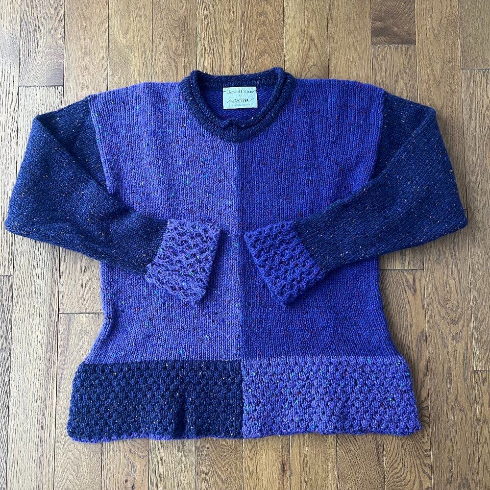 Vintage 80s Donegal 100%Wool Sweater Made in Ireland Blue Colorblock Chunky Knit